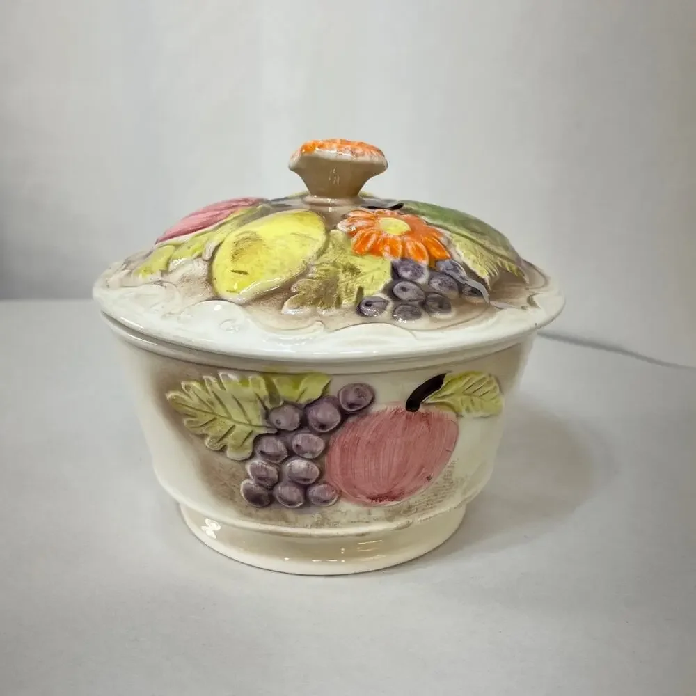 Covered Dish Ceramic Retro Raised Fruit & Floral Pattern Candy Sugar Vintage